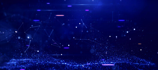 Poster - Digital information technology concept. Cybersecurity and protection system from online crime threats. Data Analytics or Data Science. Binary code, polygons and particles on dark blue background.