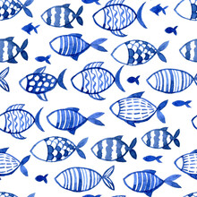 Watercolor Seamless Pattern With Fish. Children's Simple Drawing Blue Fish On A White Background. Doodle