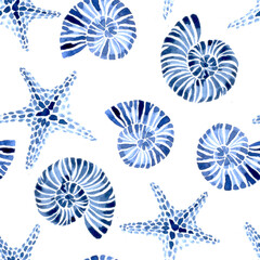 Wall Mural - watercolor seamless pattern, with seashells and starfish. ocean sea theme, blue print on white background