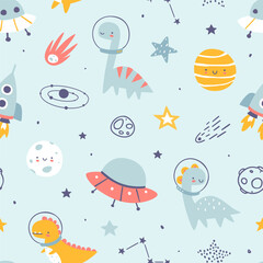  Cute space pattern with dino astronauts. Seamless blue vector cosmic print with dinosaurs for baby boys.