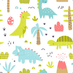 Wall Mural - Cute jurassic pattern with funny dino and plants. Seamless vector print with abstract dinosaurs for baby textile.