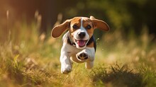Animal. Cute Dog Beagle Running In The Grass. Pets. Generative AI
