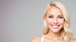 Portrait beautiful blonde model woman with white teeth smile, healthy long hair and beauty skin on grey background. Concept of advertising dentist and facial care. Generative AI