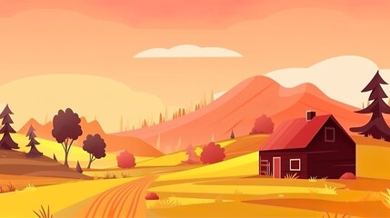 Wall Mural - autumn landscape with mountains and house, illustration like background concept, generative ai