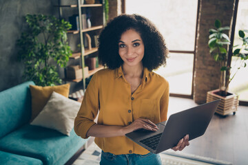 Poster - Photo of sweet charming lady assistant wear shirt communicating modern device indoors workplace workstation