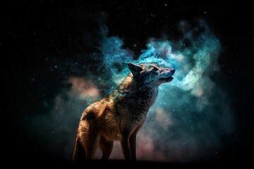 Wall Mural - abstract colorful portrait of a wolf howling at night, generative, ai