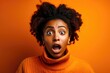 Young black woman with surprised face open mouth on orange background. Generative ai