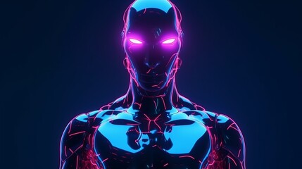 Illustration of head of futuristic robot with glowing eyes and shiny dark surface on black background. Generative ai