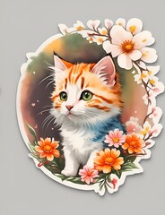 Sticker, A detailed illustration a print of vivid cute kitten head. Generative AI.