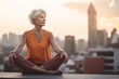 © Markus Schröder - Conceptual portrait photography of a tender old woman practicing yoga against a city skyline background. With generative AI technology