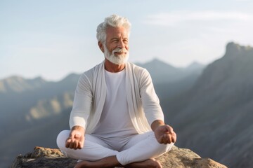 Wall Mural - Environmental portrait photography of a satisfied mature man practicing yoga against a mountain range background. With generative AI technology