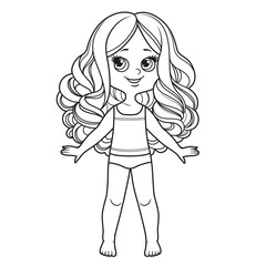 Sticker - Cute cartoon girl with long curly hair with big curls dressed in underwear and barefoot outline for coloring on a white background