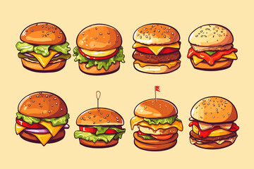 Hamburger  set collection graphic clipart design. Flat Generative AI