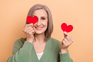 Sticker - Photo of pretty girlfriend grandmother white hair wear khaki cardigan cover face postcards valentine day isolated on beige background