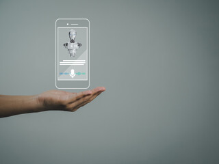 Wall Mural - robot on smartphone artificial intelligence developer hand showing internet assistant operation via 