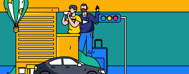 Flat vector concept operation hand-drawn illustration of people taking a taxi
