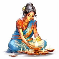 Wall Mural - Indian girl lighting lamps for Diwali festival, 3d illustration, Generative Ai
