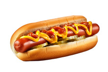 A Delicious Hot Dog With Mustard, Ketchup And Pickles, Isolated (Generative AI, Generativ, KI)