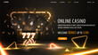 Online casino, welcome bonus, black banner with offer, slot machine, chips, playing cards and gold neon triangles around