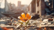 Flower On The Ruins Of The City. The Concept Of The Birth Of A New Life. Generative Ai