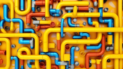 Colorful 3D illustration of various types of intertwined pipes merged in irregular figure on yellow background. Generative ai