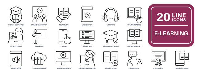 e-learning, education, online school, webinar thin line icons. editable stroke. for website marketin