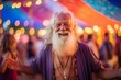 © Markus Schröder - Environmental portrait photography of a grinning old man practicing yoga against a vibrant festival background. With generative AI technology