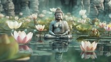 Buddha Statue In The Water With Lotuses. Generative Ai