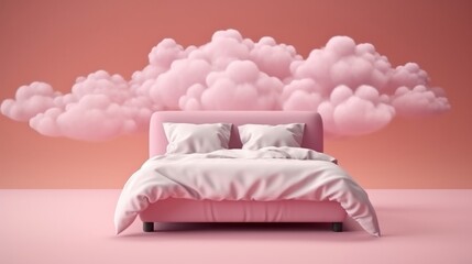 Illustration of a pink bed with a cloud floating above it. Generative ai