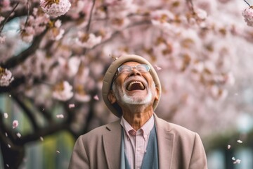 Wall Mural - Environmental portrait photography of a happy old man laughing against a cherry blossom background. With generative AI technology