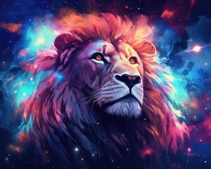 Wall Mural - Lion predator animals wildlife painting. Lion is the king of animals. The constellation of Leo is a sign of the leaders. A strong spirit, strong body, strong will. Fantasy art of a lion 