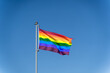 © Tatiana Kolosovskaya - LGBTQ rainbow flag waving against a clear blue sky