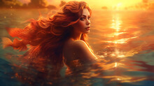 Fantasy Woman Goldfish , Ocean Siren, Mystic Spirit  Sunset Light, Generative AI Tools 