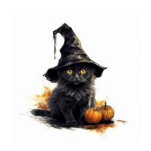 Cute Halloween Kitty Cat Clipart Icon With Witch Hat And Pumpkin AI Generated Halloween  Artwork Isolated On White Background
