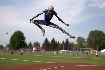 Poster - alien athlete flying through the air, performing acrobatic stunt during track and field competition, created with generative ai