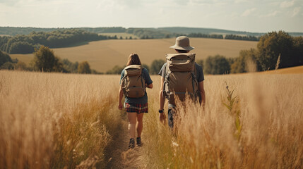 a young couple is hiking in nature. back view. Generative AI