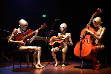 Wall Mural - a trio of alien musicians playing their instruments in harmony at a concert hall, created with gener