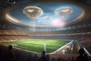 Wall Mural - futuristic stadium, with aliens competing in futuristic sports, created with generative ai