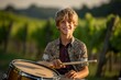 © Markus Schröder - Close-up portrait photography of a glad mature boy playing the drum against a picturesque vineyard background. With generative AI technology