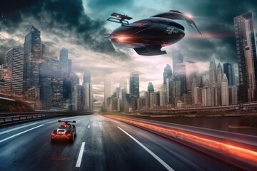 Wall Mural - alien driving flying car past futuristic cityscape, created with generative ai