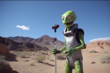 Wall Mural - alien enjoying round of golf on extraterrestrial course, using futuristic and advanced equipment, cr