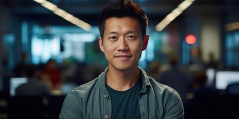 handsome chinese male software developer in a modern office, radiating confidence with a subtle smil