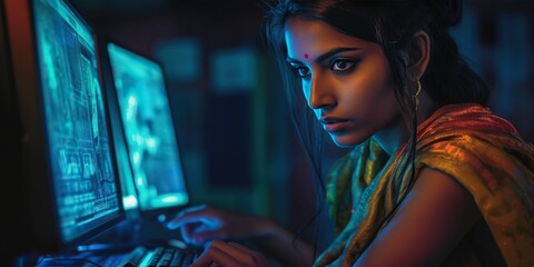 Sensual indian female Software Developer in a modern office, exuding confidence with a slight smile. Represents expertise and creativity in the tech industry. Generative AI