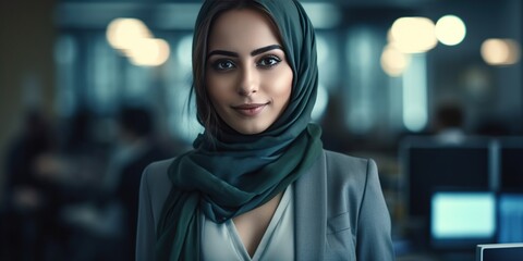Sensual arab female Software Developer in a modern office, exuding confidence with a slight smile. Represents expertise and creativity in the tech industry. Generative AI
