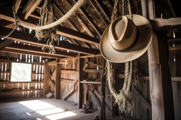 Wall Mural - rustic barn with cowboy hat and rope hanging from the ceiling, created with generative ai