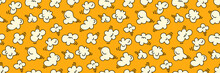 Popcorn Seamless Pattern On Bright Yellow Background Design. Vector Illustration Cute Cartoon Style