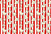 Popcorn Seamless Pattern On Red And White Color Striped Background. Vector Illustration Cartoon Style