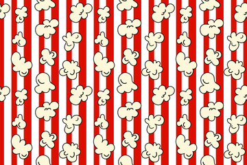 Popcorn seamless pattern on red and white color striped background. vector illustration cartoon style