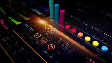 Fototapete - Business stock market, trading, info graphic with animated graphs, charts and data numbers insight analysis to be shown on monitor display screen for business meeting mock up theme