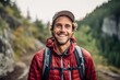 © Markus Schröder - Lifestyle portrait photography of a happy boy in his 30s smiling against a scenic mountain trail background. With generative AI technology